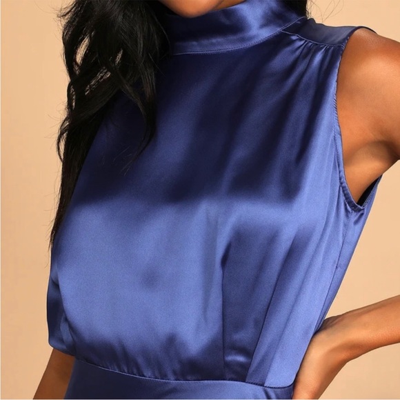 Blue Satin Mock Neck Maxi Dress - Picture 2 of 14